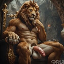 ai_generated anthro balls felid feline furry lion male muscular muscular_male oxandi penis realistic throne