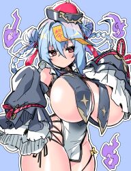 1girls armpit_crease astral_party bare_shoulders big_breasts blue_background blue_hair braid braided_hair_rings breast_curtains breasts covered_navel cross-shaped_pupils detached_sleeves double_bun female female_only frills haiqing_(astral_party) hair_bun hair_ornament hair_rings hat huge_breasts jiangshi jiangshi_costume lamandavrc large_breasts long_hair long_sleeves looking_sideways official_alternate_costume ofuda parted_lips pelvic_curtain pink_eyes qingdai_guanmao revealing_clothes side-tie_peek sidelocks simple_background skindentation sleeves_past_fingers sleeves_past_wrists solo solo_female sweatdrop symbol-shaped_pupils talisman tassel tassel_hair_ornament thick_thighs thighs twin_braids