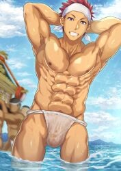 1boy 2022 4boys abs armpit_hair armpits arms_up bandana blue_sky bulge bulge_through_clothing fundoshi fundoshi_only gay hands_behind_head headband hi_res japanese_clothes looking_at_viewer male male_only mikoshi morning muscles muscular muscular_arms muscular_legs muscular_male muscular_thighs navel original original_character pecs purple_eyes red_hair robronx35498_(pixivid=35498) rokushaku_fundoshi sea seaside see-through short_hair six_pack sky solo_focus splashing standing standing_in_water translucent_clothing wet wet_body wet_fundoshi white_fundoshi yaoi