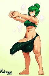 1futa abs barefoot bra bulge feet futa_only futanari green_eyes green_hair grin hair hair_bun huge_cock intersex large_penis li_wei modeseven muscular_futanari navel panties penis semi-erect short_hair small_but_hung smile solo solo_futa standing testicles