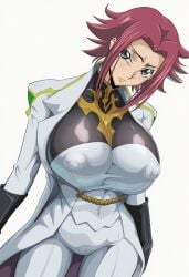 1girls age_difference ai_generated alternate_timeline big_breasts blue_eyes breasts code_geass female huge_breasts kallen_stadtfeld knights_of_the_round nipple_bulge red_hair solo uniform