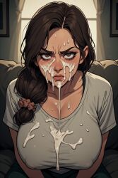 after_oral ai_generated cum_on_clothes cum_on_face frowning frowning_at_viewer mature_female messy_hair milf nipple_outline perchance_ai scrunchie unhappy_female