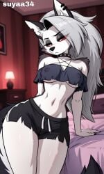 1girls ai_generated anthro beautiful bed bedroom breasts cameltoe canid canine canis clothed clothing crop_top demon demon_girl ear_piercing ears emotionless female furry goth goth_girl grey_body grey_fur grey_hair hellhound helluva_boss indoors inside long_hair looking_away looking_to_the_side loona_(helluva_boss) mythological_canine mythological_creature mythology neutral_expression nipples nipples_visible_through_clothing no_bra no_panties no_underwear notched_ear pussy pussy_visible_through_clothes red_sclera sexy shirt shorts spiked_collar suyaa34 tail thick_thighs thighs two-tone_fur two-tone_tail uninterested white_body white_eyes white_fur wolf wolf_girl
