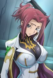 1girls ai_generated alternate_timeline big_breasts blue_eyes breasts code_geass female huge_breasts kallen_stadtfeld knights_of_the_round nipple_bulge red_hair solo uniform