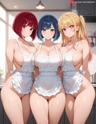 2026 3girls ai_generated apron arima_kana arms_behind_back bangs bare_shoulders big_breasts blonde_hair blue_hair blush bob_cut breast_press breasts breasts_squeezed_together breasts_together cleavage closed_mouth collarbone counter day edosynf female female_focus female_only frilled_apron green_eyes hair_between_eyes highres hoshino_ruby huge_breasts indoors kitchen kurokawa_akane large_breasts legs_together light_blush light_smile long_hair looking_at_viewer multicolored_hair multiple_girls naked_apron one_side_up orange_hair oshi_no_ko pink_eyes pussy red_eyes red_hair self_upload shiny shiny_hair shiny_skin short_hair side-by-side sideboob sidelocks smile smirk standing star-shaped_pupils sunlight symbol-shaped_pupils take_your_pick thighs uncensored vagina white_apron yuri