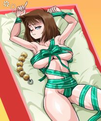 1girls anal_beads anzu_mazaki areola_slip areolae big_breasts blue_eyes bondage breasts brown_hair christmas christmas_outfit female female_only gift_box hair hips naked_ribbon one_eye_closed schlumper short_hair solo solo_female tea_gardner thighs wrapped wrappings yu-gi-oh!