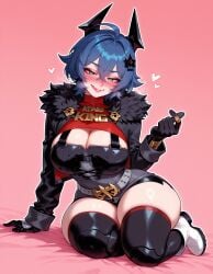 1girls ahoge ai_generated arm_support balecxi belle_(zenless_zone_zero) belt black_gloves black_horns black_jacket black_shorts black_thighhighs blue_hair blush boots breasts cleavage cleavage_cutout clothing clothing_cutout cropped_jacket crossed_bangs curvaceous curvaceous_female curvaceous_figure curvy curvy_figure female female_focus female_only full_body fur-trimmed_jacket fur_trim gloves grey_belt hair_between_eyes hair_ornament heart-shaped_pupils holding horns jacket jewelry large_breasts legwear long_sleeves looking_at_viewer mihoyo naughty_face open_mouth pink_background ring short_hair shorts simple_background sitting smile solo teeth thick_thighs thighhighs thighs tongue tongue_out voluptuous voluptuous_female white_footwear wide_hips yellow_eyes yokozuwari zenless_zone_zero