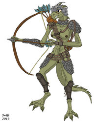 archer armor arrow bow bracers breasts claws cleavage clothed clothing female flash_gordon_(copyright) headgear helmet lizard lizard_woman_(character) nipples nude pussy reptile scalie scar straps swift_(artist) the_new_adventures_of_flash_gordon white_background