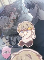 angry brown_hair censored grey_hoodie highres hood hoodie jealous leg_up love_and_deepspace muted_boba sex speech_bubble spread_legs stuffed_toy tears thighs xavier_(love_and_deepspace) xavier_(lumiere)_(love_and_deepspace)