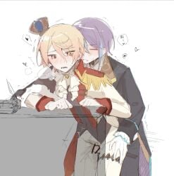 2boys blonde-haired_male blonde_hair clothed clothed_sex clothing cum cum_on_clothes gay heart kamishiro_rui purple_hair purple_hair_male rubbing sweat sweatdrop tenma_tsukasa thrusting thrusting_forward thrusting_hips tremble_lines tremble_spikes trembling trembling_for_pleasure yaoi
