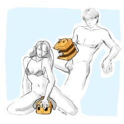 1boy 1girls artificial_vagina balls bee belly_button brassiere color completely_nude_male dildo_in_pussy kneeling masturbation minecraft penetrable_sex_toy sex_toy sketch vaginal_penetration
