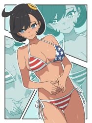 american_flag american_flag_bikini american_flag_print american_flag_swimsuit bikini black_hair blush blush_lines blushing breasts cleavage closed_mouth commentary_request dark-skinned_female dark_skin embarrassed emma_(pokemon) emma_(pokemon_legends:_z-a) female flag_bikini flag_print flag_print_bikini game_freak hair_ornament highres kanbei_(pixiv11037490) matiere_(pokemon) matiere_(pokemon_legends:_z-a) medium_breasts nintendo pokemon pokemon_legends:_z-a print_bikini short_hair side-tie_bikini_bottom side-tie_bottom star_(symbol) star_print striped_bikini striped_clothes swimsuit tan tan_body tan_skin tanned_female thighs zoom_layer