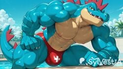 1boy ai_generated anthro blue_skin claws feraligatr large_penis male muscular_male penis pokemon pool red_bikini red_spikes shiny_skin solo sweat sylvestia tail water wet yellow_eyes