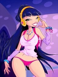 1girls blue_hair breasts cameltoe cleavage female headphones hourglass_figure human large_breasts lipstick long_hair musa musa_(winx_club) panties pearl_necklace rainbow_(animation_studio) smile solo teenager underwear voluptuous winx_club zfive