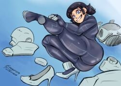 1girls artist_signature ass big_ass big_butt black_hair blue_eyes bodysuit butt eminder_turvina female female_only hair high_heels invincible invincible_(tv_series) skin_tight tech_jacket tech_jacket_(zoe_thompson) thick_thighs tight_clothing