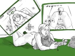 anal_sex anus breasts close-up color dildo dildo_penetration female_solo gamer_girl green_dildo interface lies minecraft nudity penetrable_sex_toy penetration_anus piston_(minecraft) playing_videogame pussy rear_view screen sketch slim_female spread_ass telephone