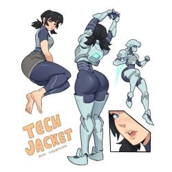 1girls 2026 armor armored_female ass barefoot big_ass big_butt black_hair blue_eyes blush bodysuit bubble_ass bubble_butt butt dat_ass english_text female female_only invincible invincible_(tv_series) kazuma_tmh simple_background sweat sweatdrop tech_jacket tech_jacket_(zoe_thompson) text thick_thighs tight_clothing white_background