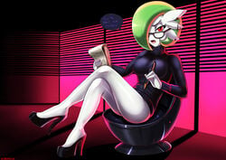 1girls anthro crossed_legs earrings female female_gardevoir female_only gardevoir glasses green_hair high_heels nintendo open_mouth pokemon pokemon_(species) pokemon_rse red_eyes shadman short_hair sitting solo speech_bubble sweater text therapist thighs turtleneck white_skin