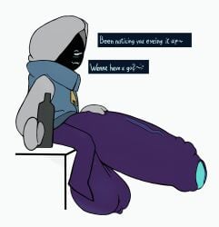 alcohol animated balls beverage big_balls big_penis bottle bottomless clothed clothing container drunk erection fii_(phil_sux) foreskin genitals hi_res hooded hoodie huge_balls huge_cock humanoid hyper hyper_balls hyper_genitalia hyper_penis looking_at_viewer male not_furry penis phil_sux purple_body rubbing_penis sitting solo substance_intoxication text topwear topwear_only vest
