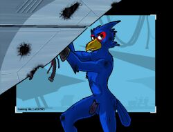 2023 anthro avian balls beak biped bird black_border black_eyes black_penis blue_balls blue_body blue_feathers border casual_nudity clothing dated digital_media_(artwork) dirty eyebrows facial_markings falco_lombardi falcon falconid feathers flaccid genitals glans gloves handwear head_markings hi_res humanoid_genitalia humanoid_penis male markings mask_(marking) nintendo no_irises nude nude_anthro nude_male oil_stain open_mouth out_of_frame penis retro samareck signature simple_background solo standing star_fox tail tail_feathers text white_sclera wire yellow_beak