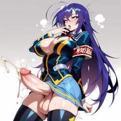 1futa 1futanari ahe_gao ahoge ai_generated armband black_thighhighs blue_hair blue_jacket blue_skirt blush breasts cleavage clothes_pull clothing cowboy_shot cum ejaculation erection futa_only futanari gradient_background grey_background hair_between_eyes handsfree_ejaculation huge_cock intersex intersex_only jacket kurokami_medaka large_breasts large_penis large_testicles legwear light-skinned_futa long_hair long_sleeves lunaart medaka_box miniskirt open_mouth penis pleated_skirt projectile_cum purple_hair red_eyes rolling_eyes school_uniform shirt simple_background skirt solo sweat teeth testicles thighhighs thighs tongue tongue_out trembling upper_teeth_only veins veiny_penis