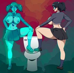 1girls big_breasts black_hair breasts female ghost ghost_girl glasses harry_potter huge_breasts moaning_myrtle nipples school_uniform skirt solo tie toilet tunastark twintails