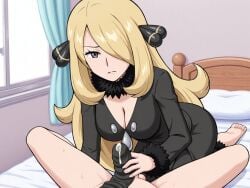 1boy 1girls ai_generated barefoot blonde_female blonde_hair clothed clothed_female clothed_female_nude_male clothing cum cum_in_sock cynthia_(pokemon) disappointed disappointed_look feet female foot_fetish game_freak hair_ornament light-skinned_female light-skinned_male light_skin looking_at_viewer male male/female male_pov nintendo nude_male pokemon pokemon_bdsp pokemon_dppt pov pov_eye_contact self_upload sex small_penis sock_fetish sock_on_penis sockjob socks soles straight toes