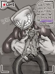tenna_(deltarune) deltarune deltarune_chapter_3 anon you y/n ych self_insert fingering fingering_partner fingering_pussy size_difference big_top_small_bottom gloved_hands big_hands preparing text text_bubble livestream tv_head object_head grin grinning fully_clothed_male boner boner_in_pants erection erection_under_clothes erection_under_clothing stretching_pussy letttusse