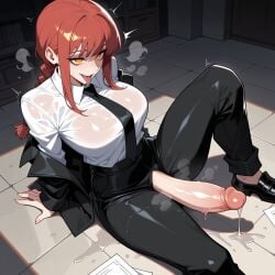 1futa ai_generated arm_support bangs black_footwear black_jacket black_necktie black_neckwear black_pants blush braid braided_ponytail breasts breath chainsaw_man clothing collared_shirt erection foot_out_of_frame formal futa_only futanari huge_cock indoors jacket large_breasts large_penis light-skinned_futa long_hair long_sleeves lunaart makima_(chainsaw_man) necktie on_floor open_mouth orange_eyes pants paper penis penis_out ponytail precum red_hair ringed_eyes saliva semen shirt shirt_tucked_in shoes sidelocks sitting smile solo suit sweat teeth tile_floor tiles tongue tongue_out veins veiny_penis wet wet_clothes white_shirt yellow_eyes