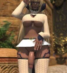 1futa 3d alearxiv au_ra big_breasts big_penis black_lipstick black_tip blonde_hair breasts collar dark-skinned_futa final_fantasy final_fantasy_xiv flaccid futa futa_only futanari horn keyhole_turtleneck large_penis nail_polish panties penis public public_nudity red_eyes self_upload short_skirt skirt solo spiked_collar stockings stomach sweater tagme tail thighs wink