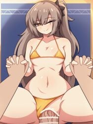 1boy 1girls animated bar_censor bikini bikini_aside bikini_bottom bikini_top blush brown_hair censor_bar censored feet_out_of_frame female flat_chest girls'_frontline girls'_frontline_2:_exilium gold_bikini groin hair_ribbon holding_hands leva_(girls'_frontline_2) long_hair looking_at_viewer male missionary_position navel one_eye_closed penis scar scar_on_face sex side_ponytail small_breasts smile ump45_(girls'_frontline) vadaboob vaginal_penetration vaginal_sex yellow_eyes