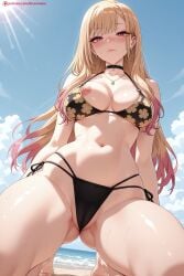 1girls ai_generated ass ass_visible_through_thighs bangs barefoot beach bikini black_bikini blonde_hair blue_sky blush breasts cameltoe choker cleavage cloud day earrings feet female female_only hi_res high_quality high_resolution jewelry kiraamane large_breasts long_hair looking_at_viewer marin_kitagawa navel nipples outdoors patreon red_eyes seductive sexy side-tie_bikini sky solo swimsuit thighs uncensored watermark wet
