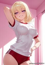 2026 ai_generated anime arm_behind_head arm_up bang_dream! bang_dream!_girls_band_party! bangs blonde_hair blush breasts buruma cleavage covered_nipples crossover eye_contact female female_focus female_only flushed grin gym_shirt gym_uniform hair_between_eyes hand_on_hip highres huge_breasts indoors inside large_breasts looking_at_viewer medium_breasts medium_hair misumi_uika nsfw patreon patreon_username purple_eyes red_buruma rognezart shirt short_hair short_sleeves smile smiling solo thick_thighs thighs uika_misumi white_shirt window
