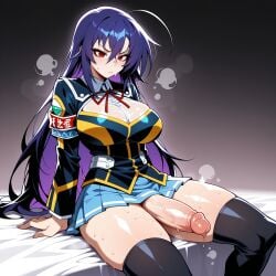 1futa ahoge ai_generated arm_support armband black_jacket black_legwear black_thighhighs blue_hair blue_skirt blush breasts closed_mouth clothing collared_shirt crossed_bangs erection futa_only futanari gradient_background hair_between_eyes huge_cock intersex intersex_only jacket kurokami_medaka large_breasts large_penis legwear light-skinned_futa long_hair long_sleeves lunaart medaka_box miniskirt neck_ribbon on_bed penis pleated_skirt purple_hair red_armband red_eyes ribbon school_uniform see-through shirt sitting skindentation skirt solo steaming_body sweat testicles thighhighs thighs v-shaped_eyebrows veins veiny_penis very_long_hair white_shirt