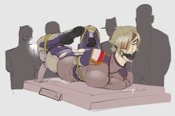 angry ball_gag belt blonde_female blonde_hair bondage boots bound bound_arms bound_legs captured captured_female drool drool_string drooling eyepatch for_sale kilkan large_breasts legs_forced_open nameplate on_display original_character price_tag pussy_juice pussy_juice_puddle ripped_clothing ripped_pants short_hair slave spread_legs surrounded surrounded_by_men taking_picture thick_eyebrows tongue_out uniform vibrator wet