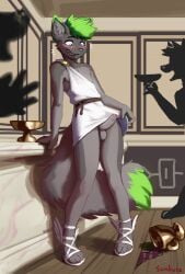 absurd_res anthro balls being_watched blush bottomless canid canine clothed clothing comedy_central drawn_together drunk embarrassed exhibitionism footwear foreskin genitals hi_res inside ling looking_at_another male male_only mammal penis roman sandals shirt shoes solo standing substance_intoxication sunhuiz topwear tunic