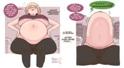 1girls arbrianarchy areola_slip big_belly big_breasts blonde_female blonde_hair english_dialogue english_text glasses hand_on_waist milf nails_painted oc original_character pregnancy_cravings pregnant pregnant_female sitting stuffed stuffed_belly super_belly torpedo_belly