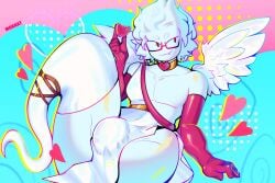 1boy bulge bulge_through_clothing ecto_(thatrenyoufuck) ghost ghost_tail glasses glasses_on_face heart heart_choker looking_at_viewer male male_only mokkat oc original_character red_gloves shaded showing_off simple_background valentine valentine's_day watermark wings ych ych_commission ych_result