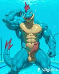 1boy ai_generated anthro blue_skin bubbles claws erect_penis erection explicit feraligatr flexing large_penis male muscular_male nipples nude penis pokemon pool red_spikes shiny_skin solo sweat sylvestia tail underwater water wet yellow_eyes