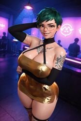 1girls 3d 3d_(artwork) abby_(oc) ai_generated big_ass big_breasts busty cleavage fishnets glasses green_hair halter_dress halter_top halterneck pixie_cut radnsad short_hair solo solo_female solo_focus tattoo tattoos thick_ass thick_thighs tomboy toned toned_body toned_female