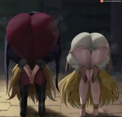 2girls ass ass_focus bending_down bending_over big_ass big_thighs blonde_hair clothed clothed_female clothing dat_ass dumptruck_ass dumptruck_butt female from_behind full_body gigantic_ass gigantic_thighs height_difference huge_ass huge_thighs long_hair methode_(sousou_no_frieren) multiple_girls oroborusart praise_da_booty_(meme) rear_view serie_(sousou_no_frieren) side-by-side sousou_no_frieren standing sweat sweatdrop sweating thick_thighs