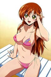 :d adjusting_hair arm_up bangs beach bikini blush breasts brown_hair chair cleavage code_geass erect_nipples female gloves green_eyes hair_between_eyes hand_on_head happy highres large_breasts long_hair looking_at_viewer lounge_chair navel official_art open_mouth outdoors parted_bangs payot sand shirley_fenette single_vertical_stripe sitting smile solo spread_legs swim_cap swimsuit thighs tight_clothes wet_hair wide_hips