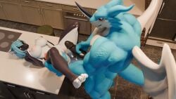 3d_(artwork) anthro aquatic balls bandai_namco big_balls big_breasts big_penis blue_hair breasts cetacean curvy_figure digimon digimon_(species) digital_media_(artwork) dolphin duo ekai-ben_(artist) exveemon female genitals hair hand_on_leg hi_res holding_breast kitchen lying male male/female mammal multicolored_body muscular muscular_male nipples nude oceanic_dolphin on_back orca penis pink_nipples raised_leg spread_legs spreading toothed_whale two_tone_body widescreen zea_nalya
