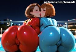 2girls ai_generated ass ass_focus ass_to_ass back_view big_breasts blush bodysuit brown_eyes busty camel_toe crossover curvy danny_phantom disney duo elastigirl helen_parr heroine hi_res huge_ass huge_breasts kissing large_breasts light-skinned_female light_skin looking_at_viewer looking_back maddie_fenton madeline_fenton mature mature_female milf nickelodeon pixar purple_eyes senzoai short_hair skintight skintight_bodysuit superheroine tagme tight_bodysuit voluptuous wide_hips yuri
