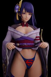1girls 3d ai_assisted ai_generated dc dc_comics female genshin_impact hair hair_ornament kimono kimono_lift long_hair print_panties purple_eyes purple_hair raiden_shogun solo solo_female solo_focus superman superman_(series) thong thong_bikini thong_panties