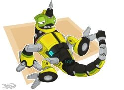 animal_genitalia bodily_fluids cloaca derekdragon dinosaur dinotrux dreamworks dripping feral genital_fluids genitals hi_res hybrid lizard lying machine male mechanic mechanophilia on_back open_mouth prehistoric_species reptile reptool revvit revvit_(dinotrux) robot scalie solo spread_cloaca spread_legs spreading tail text tongue unusual_anatomy unusual_genitalia