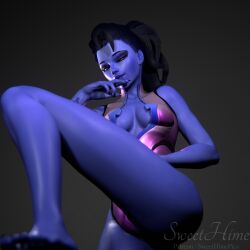 1girls 3d grey_background leotard looking_at_viewer looking_down looking_down_at_viewer overwatch ponytail purple_skin seductive simple_background solo sweethime widowmaker yellow_eyes