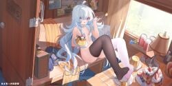 absurdres artist_name asymmetrical_legwear black_thighhighs blue_eyes blue_flower blue_hair blue_rose cake cake_slice can curtains desk_lamp female flower food hat heterochromia highres holding holding_spoon lamp long_hair military_vehicle mismatched_legwear motor_vehicle ningmeng_jing_jing_jing_jing nude original pudding red_eyes rose solo spoon suitcase tank thighhighs very_long_hair white_thighhighs