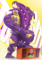 1boy 1male 3_fingers abstract_background air_guitar anthro_male ball_piercing balls_piercing big_penis eyebrow_piercing fishingmanmax frog_humanoid gen_8_pokemon generation_8_pokemon hanging_balls hard_cock hard_on hard_penis humanoid humanoid_male hyper hyper_genitalia hyper_penis looking_at_viewer looking_down looking_down_at_viewer low_hanging_balls male male_anthro male_humanoid mohawk_(hairstyle) muscular muscular_anthro muscular_male name_in_background nipple_piercing nipples penis penis_bigger_than_torso penis_out penis_over_shoulder penis_piercing penis_piercings piercing piercing_eyebrows piercing_nipples piercing_on_balls piercing_on_penis piercings pokeball_print pokemon_ss posing posing_for_the_viewer purple_body rocker smiling_at_viewer solo solo_anthro solo_male speaker spiked_body spikes spikes_(anatomy) text_background text_in_background three_fingers tongue tongue_out tongue_piercing toxtricity toxtricity_(amped) veiny veiny_penis yellow_markings