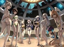 8girls alternate_costume ass bikini blue_eyes blue_hair braid breakthrough_rr breasts brown_hair buildings cat_ears catgirl colored core_crystal core_crystal_(xenoblade) crab ethel_(xenoblade) eunie_(xenoblade) green_eyes grey_hair hermit_crab large_breasts looking_at_viewer looking_back masha_cassini medium_breasts melia_antiqua melia_antiqua_(xenoblade_3) mio_(xenoblade) miyabi_(xenoblade) monolith_soft nia_(xenoblade) nintendo one_piece_swimsuit sand sandals sena_(xenoblade) skirt small_breasts swimsuit swimwear tagme two_piece_swimsuit volleyball volleyball_net white_hair wings wings_on_head xenoblade_(series) xenoblade_chronicles_3 yellow_eyes